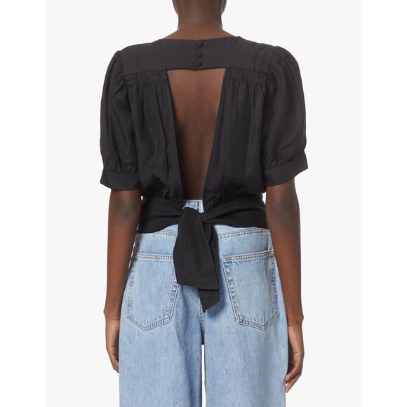 ba&sh Top Xs Black Bacary Eyelet Cutout Tie Back Blouse - Picture 3 of 8